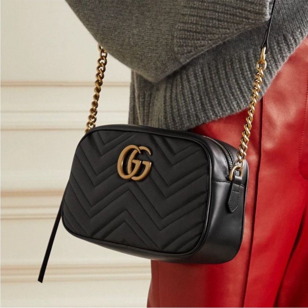 Gucci Marmont Small Camera Quilted Leather Shoulder Bag Purse Black